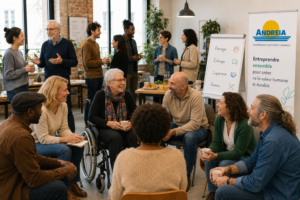 Entrepreneurs accompagnés échangeant lors d’un événement de convivialité et de réseautage