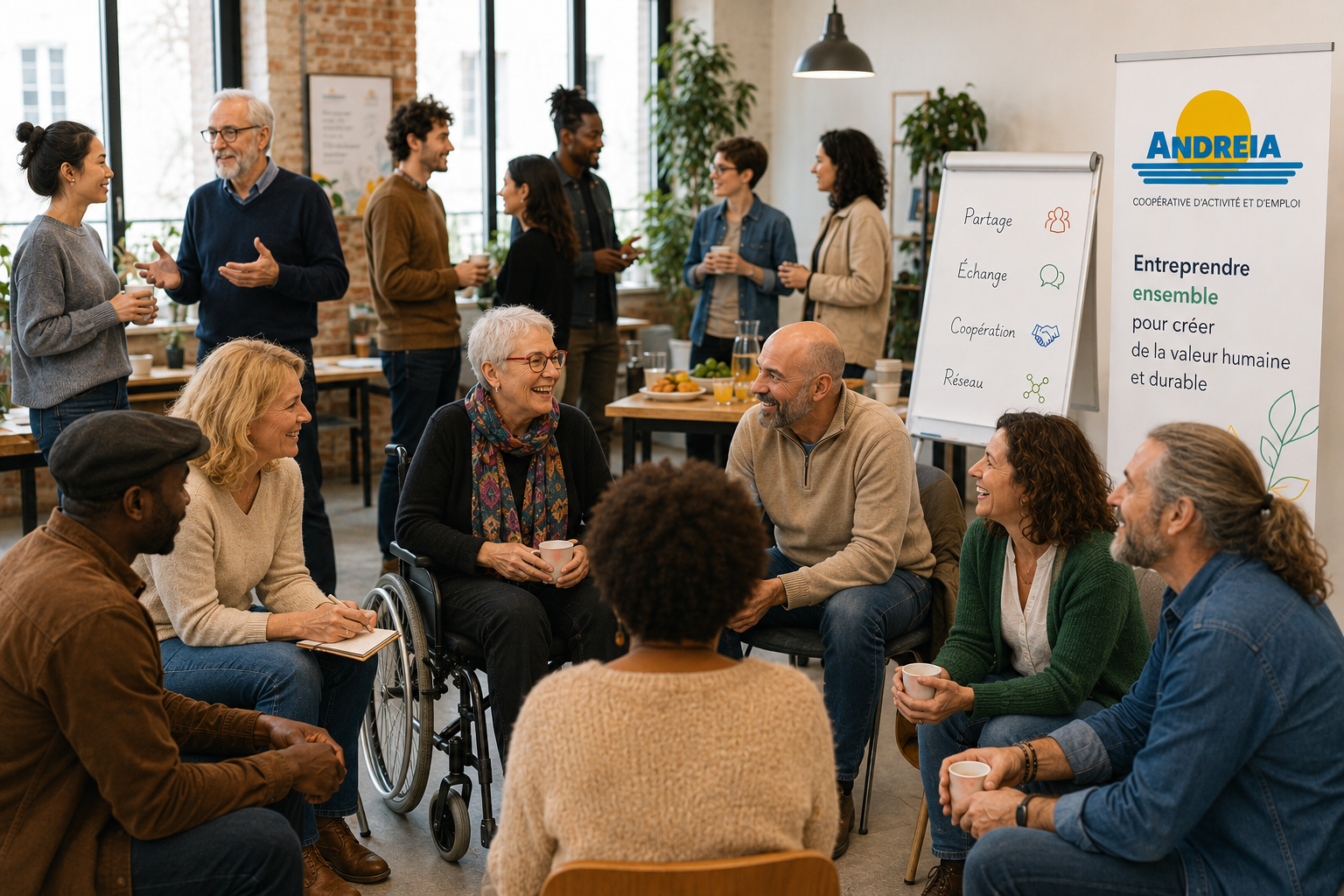 Entrepreneurs accompagnés échangeant lors d’un événement de convivialité et de réseautage